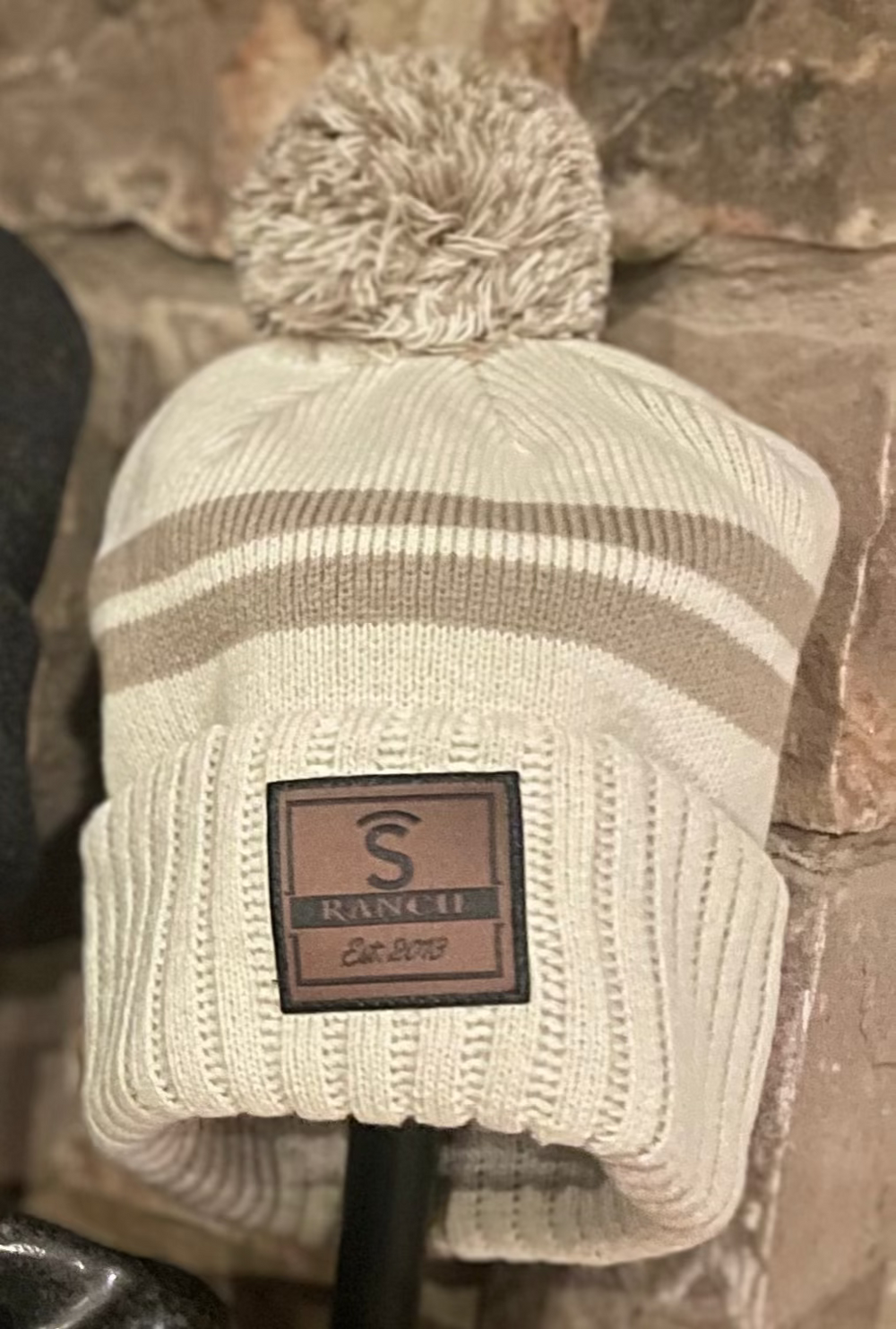 Covered S Ranch Knit Beanie Leather Patch in Cream/Khaki